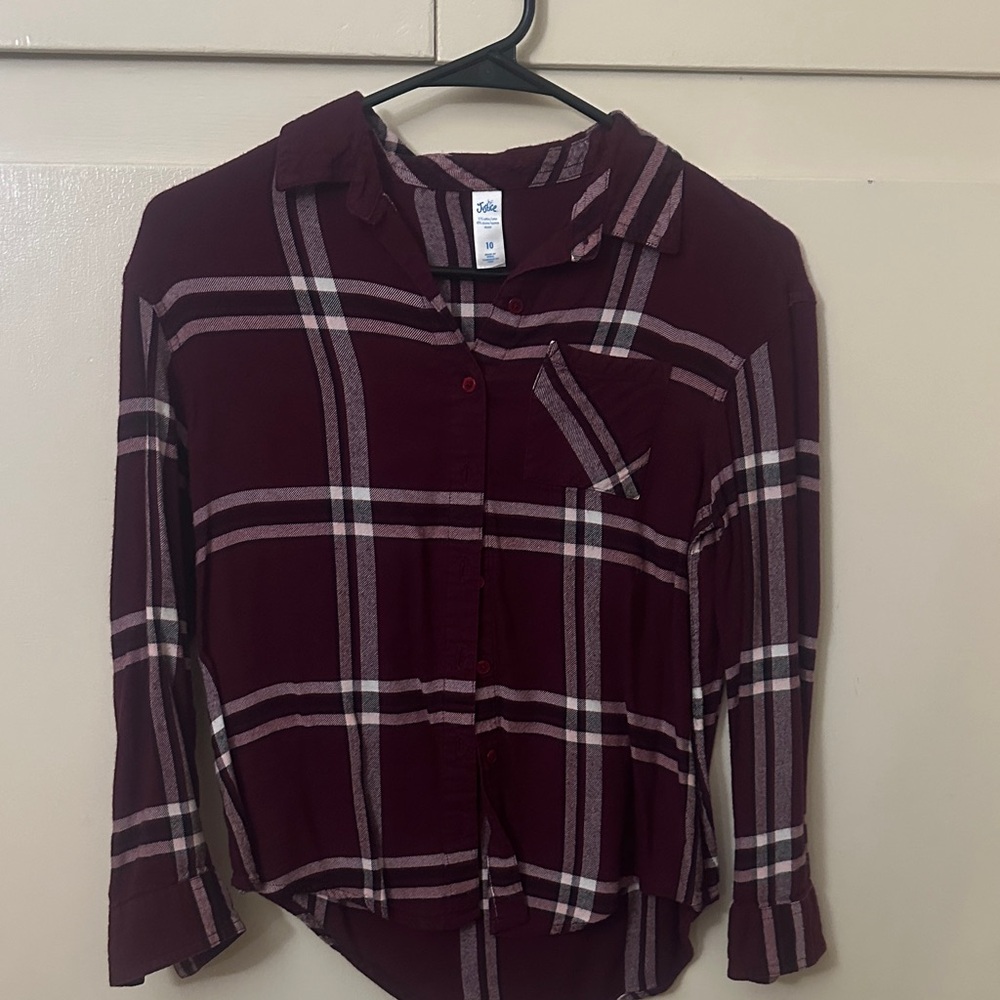Justice Burgundy and White Plaid Button-Down Shirt